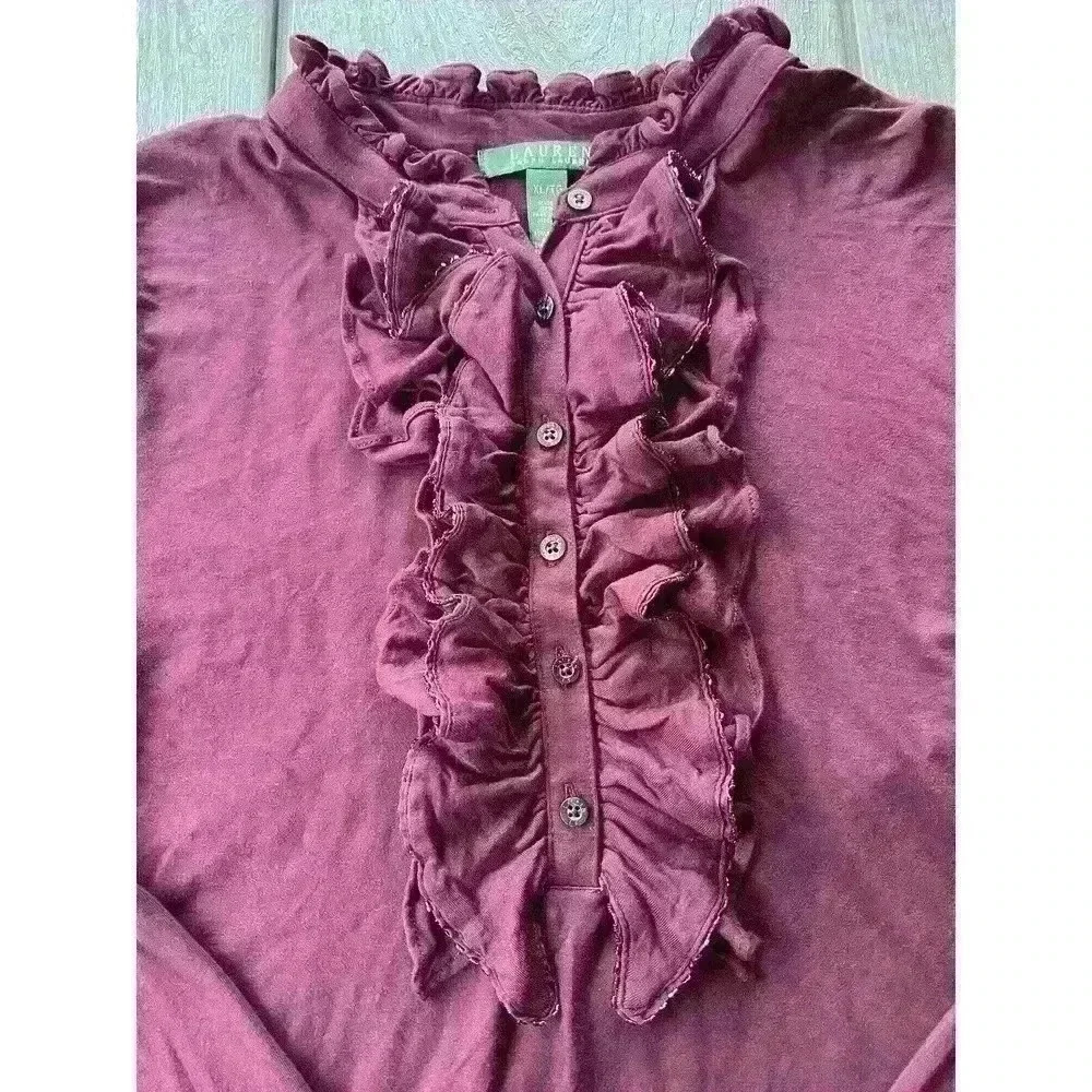 Lauren Ralph Lauren Blouse Womens XL Long Sleeve Beaded Ruffles Burgundy Stretch - Picture 3 of 8